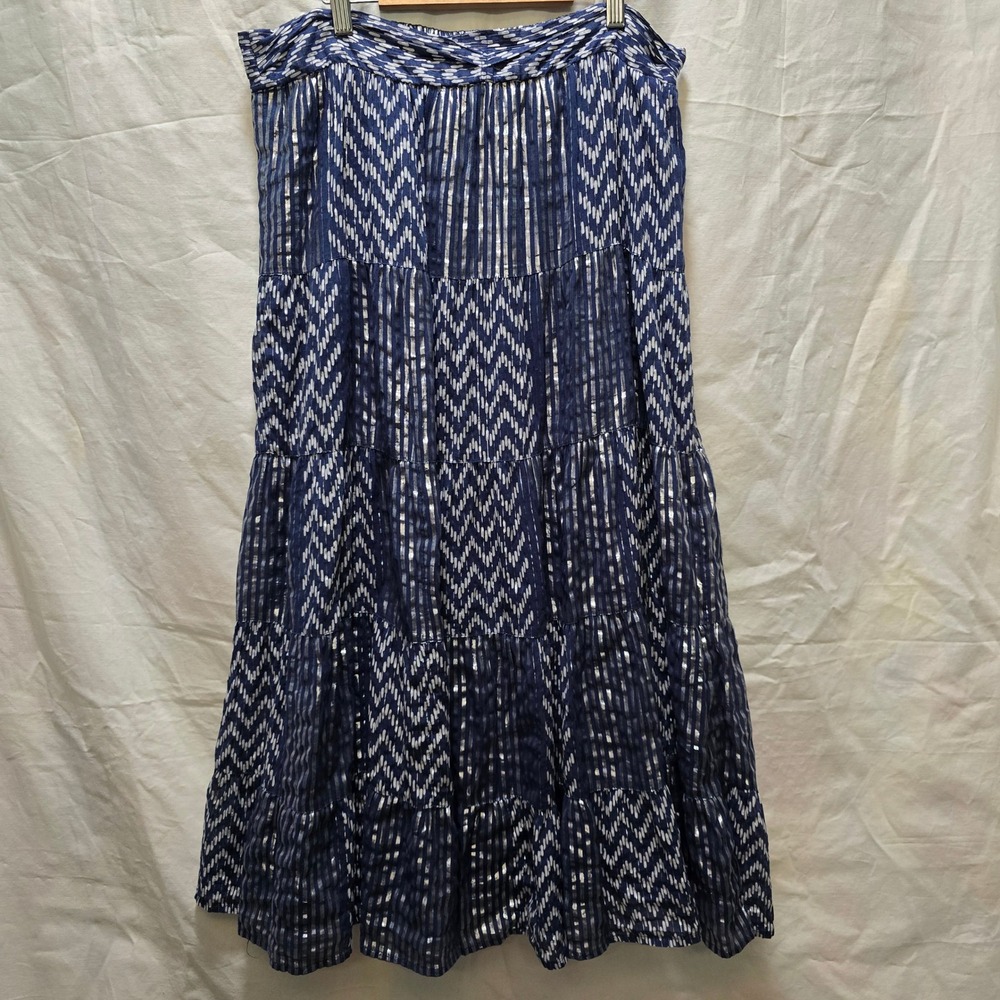 Soft Surroundings Maxi Skirt Size L Blue White Metallic Tiered Smocked Boho